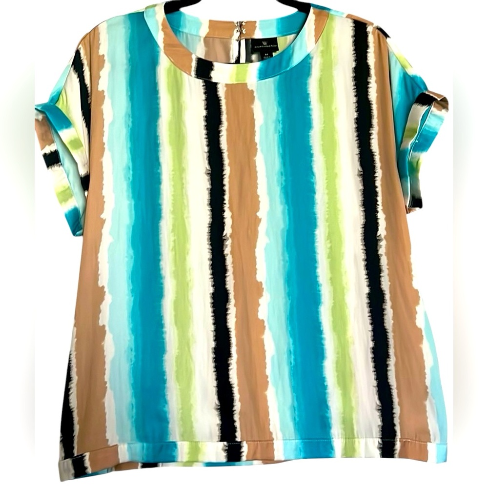 WORTHINGTON Turquoise/Beige/White Vibrant Striped Cap Sleeve Top, Medium, GUC.